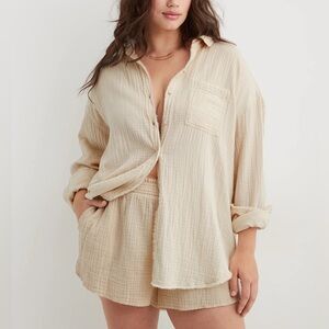Aerie Gauzy Coverup Shirt in Soft Oat Oversized Button Up Medium